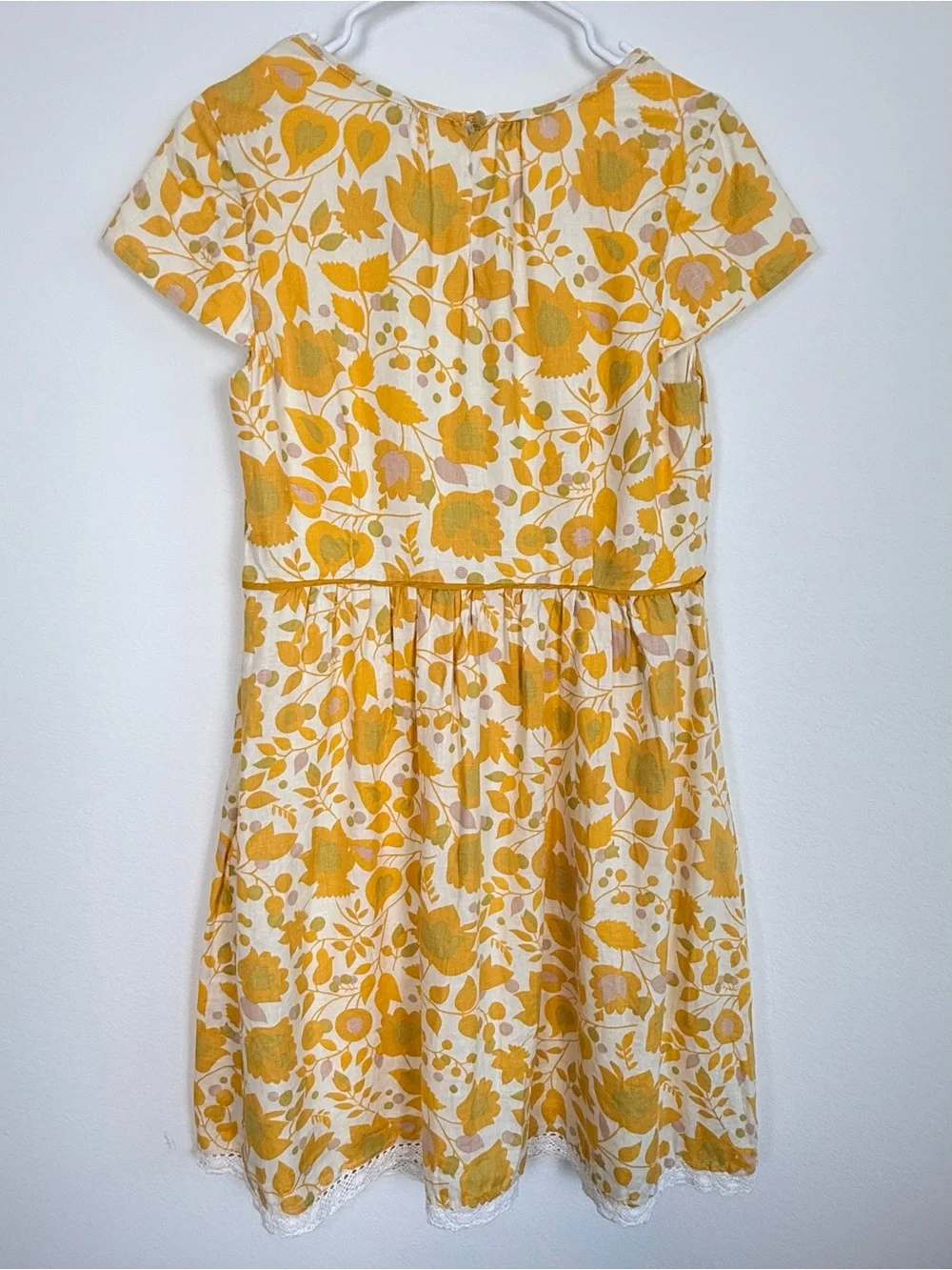Boden Yellow Floral Print Linen Dress Lace Trim Hem Short Sleeve Fit & Flare 12R